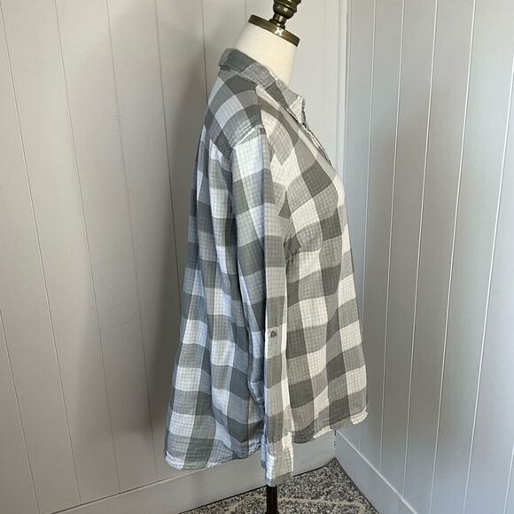 Womens Size XL Button Front Shirt Gray White Check Pattern Long Sleeve Collared - Picture 5 of 13
